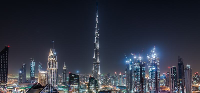 Downtown Dubai skyline at night with the Burj Khalifa, United Arab Emirates